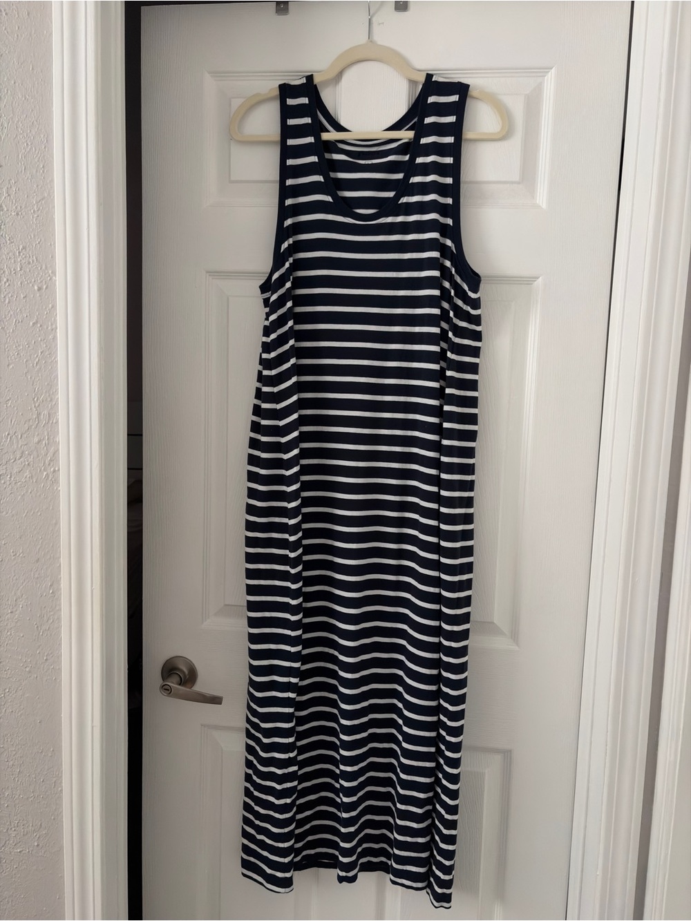 Pact Organic Cotton Sleeveless Navy and White Striped Maxi Dress
